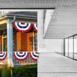Three large American bunting flags hanging on a front porch for 4th of July decorations with red, white, and blue patriotic pleated fan banners.