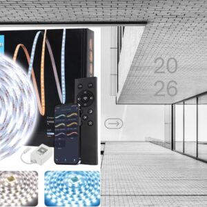 32.8FT super bright white LED strip lights with 1200 LEDs, dimmable smart app and remote control, adjustable color temperature lighting for bedroom, kitchen, TV backlight, and modern home décor.