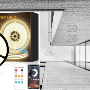 50FT warm white COB LED strip lights with 4800 LEDs, dimmable app and remote control lighting for bedroom, kitchen, cabinet, shelf, TV backlight, and modern home décor.