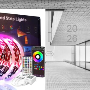 200FT RGB LED strip lights with music sync, Bluetooth app and remote control, color changing smart lighting for bedroom, gaming room, ceiling, party, and modern home décor.