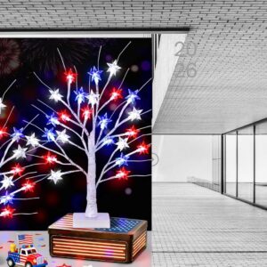 Two patriotic tabletop tree lights with red, white, and blue LED star decorations for 4th of July and Memorial Day home décor.
