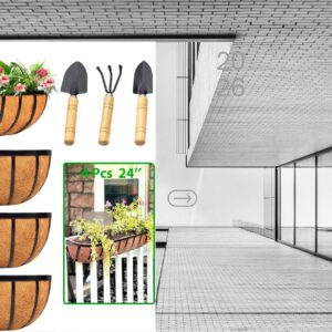 Black metal deck railing planter boxes with coconut coir liners filled with colorful flowers on an outdoor balcony railing.