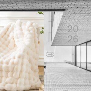 Cream white faux fur throw blanket with soft plush bubble texture for couch, sofa, bed, and cozy modern farmhouse living room home décor.