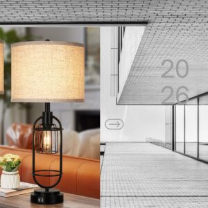 Set of 2 farmhouse table lamps with dual lighting, USB charging ports, beige fabric shades, and black industrial lantern design for bedroom, living room, nightstand, and office décor.