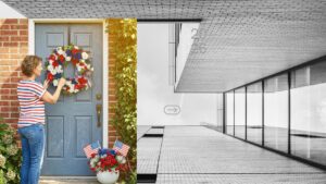 Large red white and blue patriotic wreath hanging on a front door for 4th of July and Independence Day home decorations.