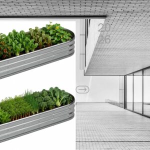 Two large silver galvanized metal raised garden beds outdoors filled with vegetables and flowers in a backyard garden setting.