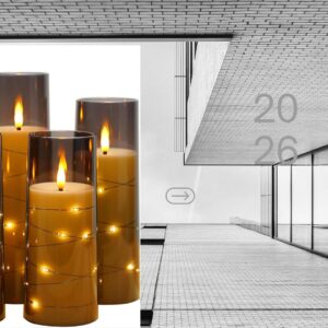 Set of 5 grey flameless LED pillar candles with flickering lights, embedded star string lights, timer function, and acrylic shell for romantic home décor, weddings, bedroom, and table centerpiece decoration.