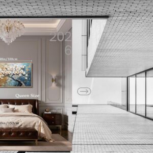 Large framed Tree of Life canvas wall art featuring white Japanese cherry blossom flowers with blue-gray abstract background and gold accents for modern living room and bedroom décor.