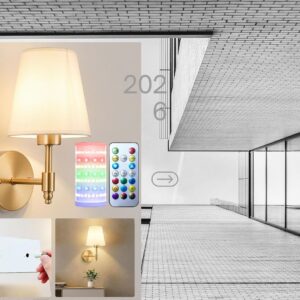 Set of 2 wireless battery operated wall sconces with rechargeable RGB dimmable magnetic bulbs, remote control, and white fabric shades for bedroom, living room, hallway, and apartment décor.