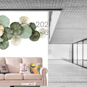 Large 3D metal wall art featuring green and gold lotus leaves, handmade modern flower wall sculpture for living room, bedroom, hallway, office, and indoor outdoor décor.