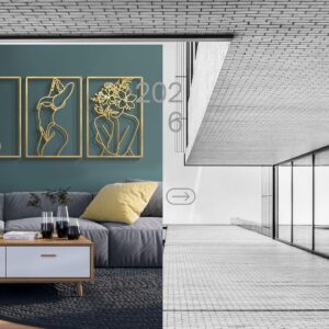 Set of 4 gold minimalist metal wall art pieces featuring abstract woman body line designs with modern 3D hollow style for living room, bedroom, bathroom, and office décor.
