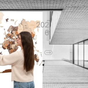 Large 3D wooden world map wall art with multicolor travel design, engraved continents, compass, and decorative travel pins for home office and modern wall décor.