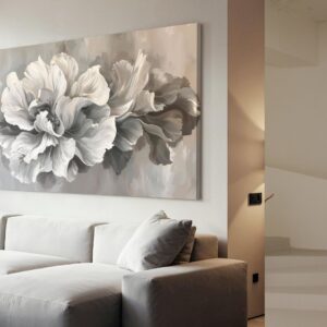 Modern abstract canvas wall art with white floral design and gray aesthetic tones, framed large artwork for living room, bedroom, office, and contemporary home décor.