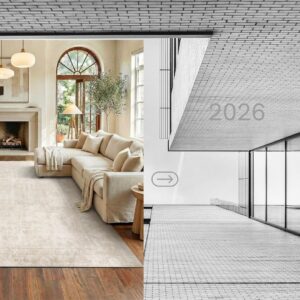 Beige vintage washable area rug with soft faux wool texture, non-slip backing, and foldable low-pile design for living room, bedroom, dining room, and modern farmhouse home décor.