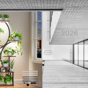 62-inch tall S-shaped indoor plant stand with 8 tiers, built-in full spectrum grow lights, and wooden shelves for multiple potted plants, perfect for living room, bedroom, and indoor corner plant display.
