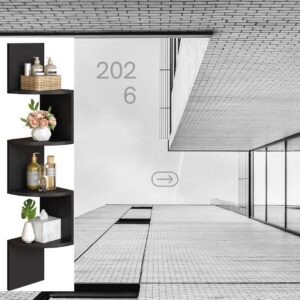 Set of 2 wall-mounted floating corner shelves with 4-tier rustic wood design for living room, bedroom, bathroom, and home office storage and décor.