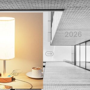 Modern touch control bedside table lamp with wood base, flax linen shade, USB-C and USB charging ports, AC outlet, and dimmable LED lighting for bedroom, nightstand, office, and living room décor.