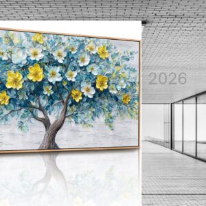 Large framed Tree of Life wall art featuring blooming yellow flowers and blue-green leaves in modern abstract Nordic style for living room, bedroom, office, kitchen, and nature-inspired home décor.