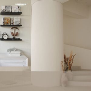 Set of five black floating picture ledge shelves mounted on a wall displaying framed photos, plants, and decorative items in a modern home.