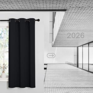Black thermal insulated blackout curtains with grommet top design for bedroom and living room, featuring room darkening fabric, noise reduction, and energy-efficient window treatment décor.