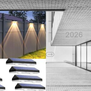 Waterproof solar fence lights with 3 color temperature modes and LED solar-powered design for outdoor backyard, patio, railing, deck, wall, pathway, and stair lighting décor.
