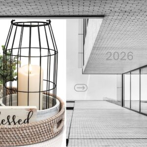 Set of 2 rustic farmhouse decorative lanterns with distressed white finish, metal wire design, and wooden base for living room, patio, porch, kitchen table, and modern home décor accents.
