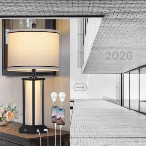 Set of 2 vintage 27-inch black table lamps with USB-C, USB-A, and AC outlet, dual lighting with frosted glass nightlight, industrial farmhouse design for bedroom, living room, and nightstand décor.