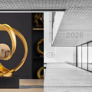 Gold abstract sculpture decor with intertwined rings and crystal sphere centerpiece on black marble base, modern luxury table decoration for living room, office desk, shelves, and entryway décor.
