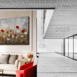 Large botanical floral canvas wall art with red flowers and gray abstract background, modern framed wall décor for living room, bedroom, kitchen, bathroom, and office home decoration.