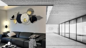 Large modern 3D metal wall art with abstract geometric design hanging in a stylish living room interior with contemporary home decor.