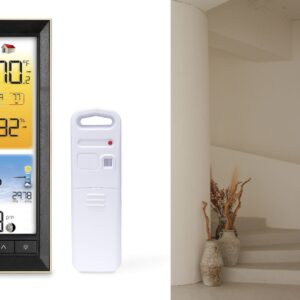 Digital AcuRite home weather station with vertical full-color display showing indoor and outdoor temperature and humidity readings.