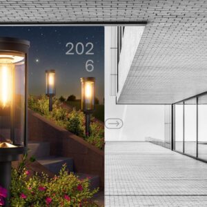 Waterproof solar pathway lights illuminating a garden walkway and driveway at night in a modern outdoor landscape.