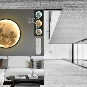 Modern black moon LED wall light with remote control, dimmable plug-in wall sconce for bedroom, living room, hallway, and contemporary home décor.