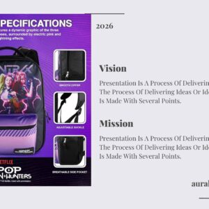 K-Pop Demon Hunters Huntrix 16-inch girls backpack featuring Rumi, Zoey, Mira, and rubber molded bag charm.