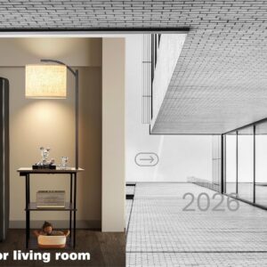 Modern floor lamp with side table, charging station, USB and Type-C ports, adjustable LED lighting, and 3-tier storage shelves for bedroom, living room, apartment, and reading corner décor.
