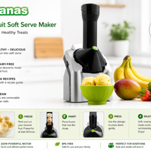Yonanas frozen fruit soft serve maker silver machine creating healthy vegan dairy-free ice cream dessert at home.