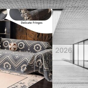 “Boho Aztec chenille sofa cover in gray and white geometric tribal pattern, 2-seater couch protector, washable slipcover for living room furniture.”