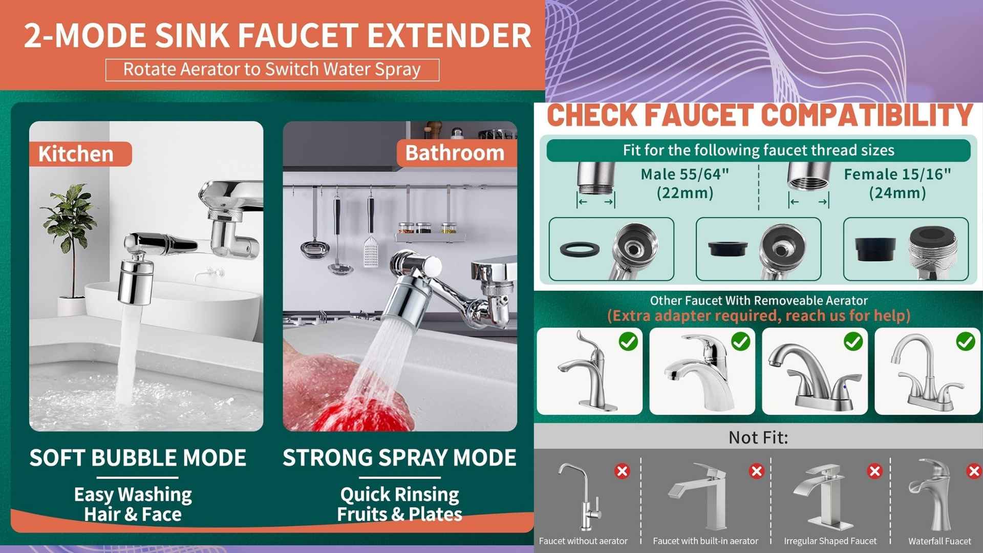 CECEFIN 1080° swivel faucet extender attached to a modern sink with dual spray modes and flexible rotating robotic arm for kitchen and bathroom use.