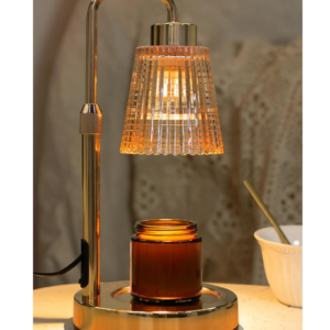Flameless electric candle warmer lamp with dimmable brightness, adjustable height, glass shade, and timer function for safe home fragrance and modern home décor.