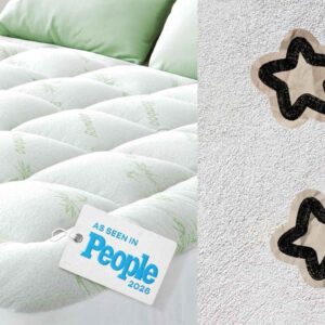 Ultra soft queen size bamboo mattress topper with cooling pillow top design for back pain relief and comfortable sleep.