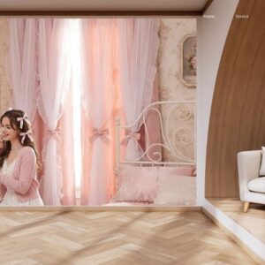 Pink blackout curtains with bow accents and ruffle sheer overlay styled in a girls nursery bedroom.