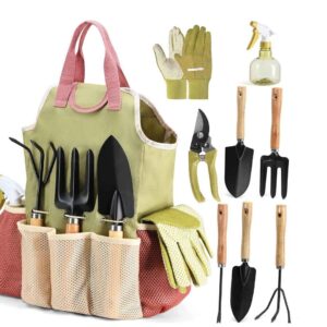 10-piece heavy-duty gardening tools set with stylish tote bag for planting, pruning, digging, and home garden maintenance.