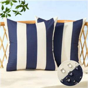 Set of 2 Navy Blue Striped Outdoor Waterproof Pillow Covers 18x18 for Patio and Garden Furniture